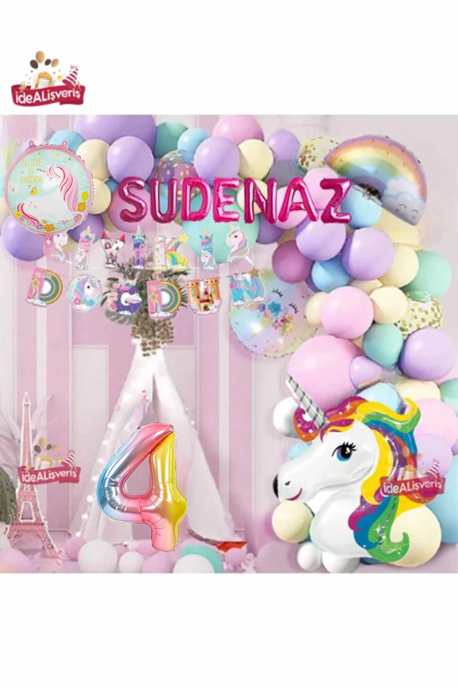 7 Harfli Yaş Unicorn Temalı Iyi Ki Doğdun Makaron Balon Doğum Günü Parti Kutlama Seti Süsü