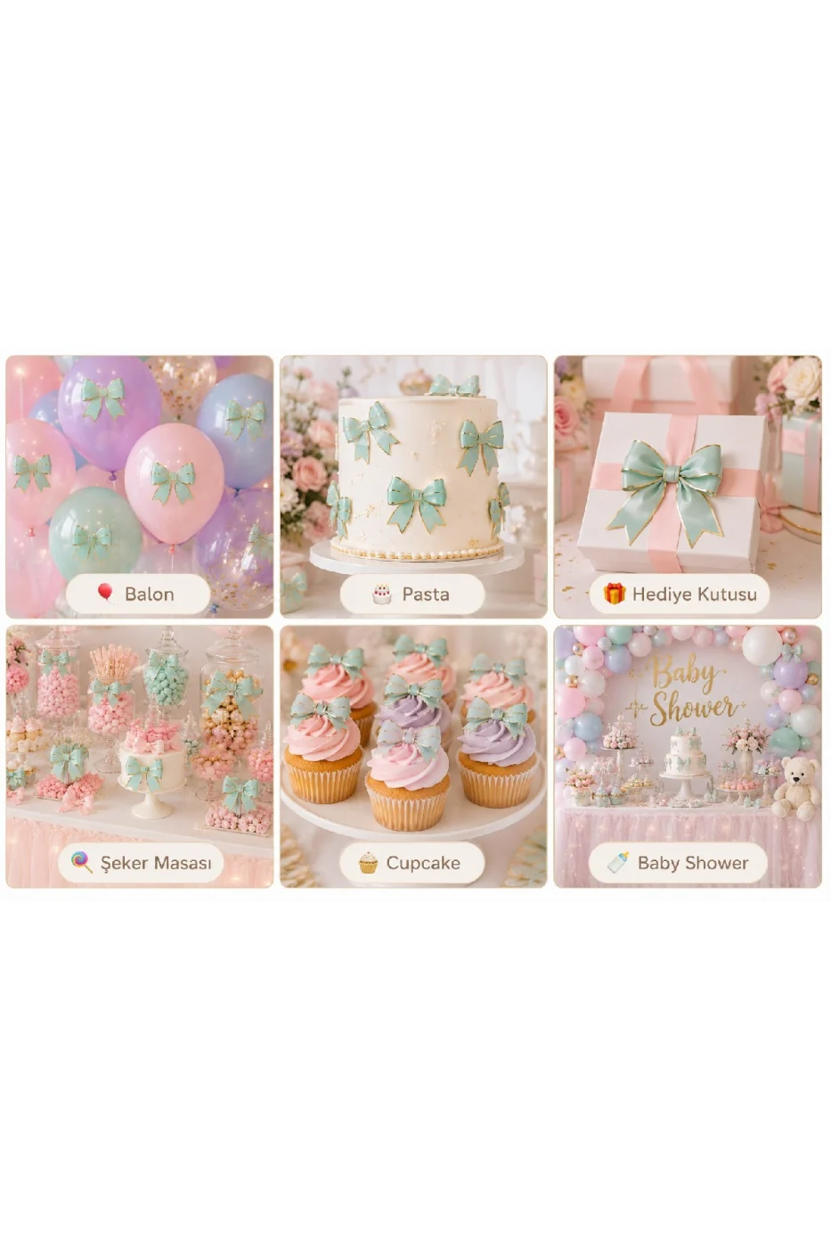 Renk Seçenekli Fiyonk Balon ve Pasta Dekor Fiyonk Seti 12 Adet Büyük & Küçük Boy Parti Süsü Baby Shower Doğum Günü Seti Süsü gorsel 5