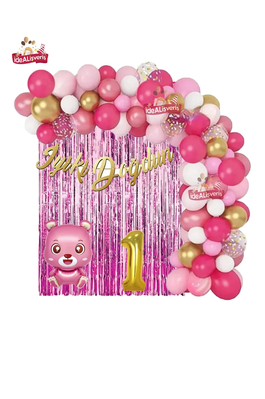 Pembe Ayıcık Gold 1 Yaş Folyo Balonlu İyi ki Doğdun Yazılı Pembe Gold Doğum Günü Parti Seti