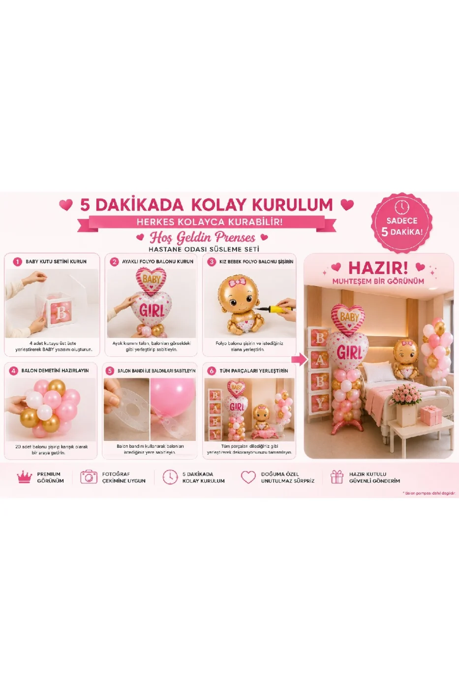 Hoş Geldin Bebek Hastane Odası Süsleme Seti | Erkek & Kız Bebek Dekorasyon Seti | BABY Kutu Seti, Baby Boy/Girl Balon, Bebek Folyo, Balon Zinciri | Premium Fotoğraf Çekim Konsepti gorsel 4