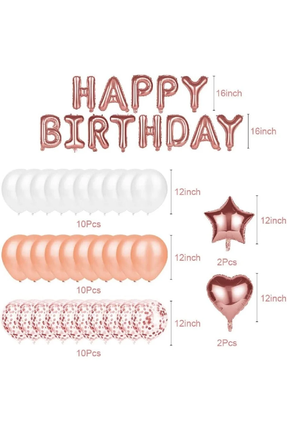 Rose Gold Happy Birthday Folyo Balon Kalpli Yıldızlı Doğum Günü Parti Seti Süsü gorsel 2