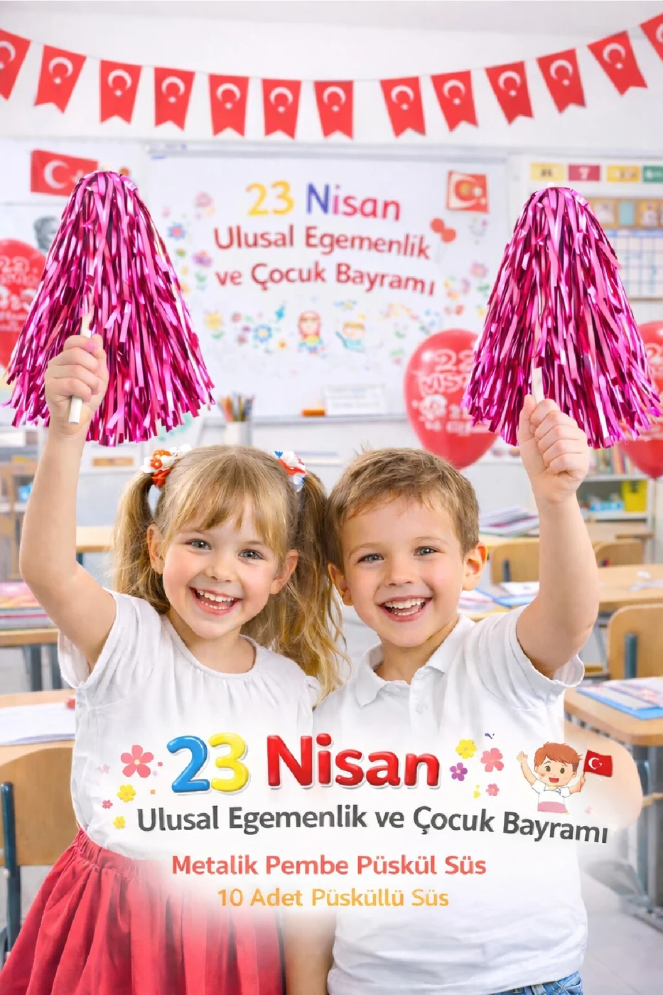 10 Çift 23 Nisan Metalik Püskül Süs – Çocuk Bayramı Parti Dekoru 20 Adet gorsel 2