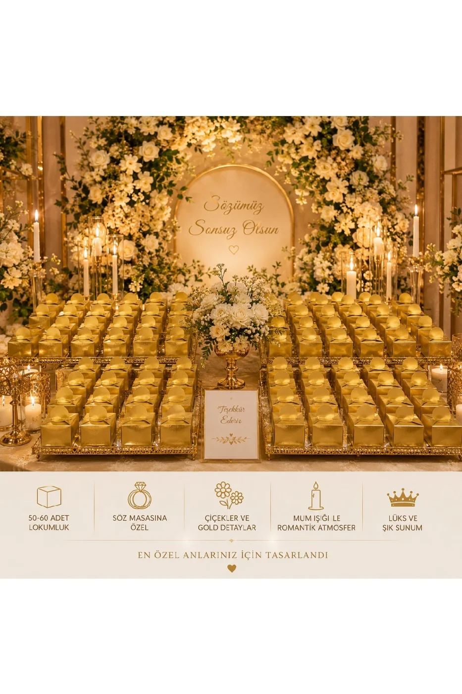 25 Adet Gold Gümüş Lokumluk Kutusu | Söz Nişan Düğün Mevlit Hediyelik Karton Lokum Kutusu | Premium Gold Gümüş gorsel 5