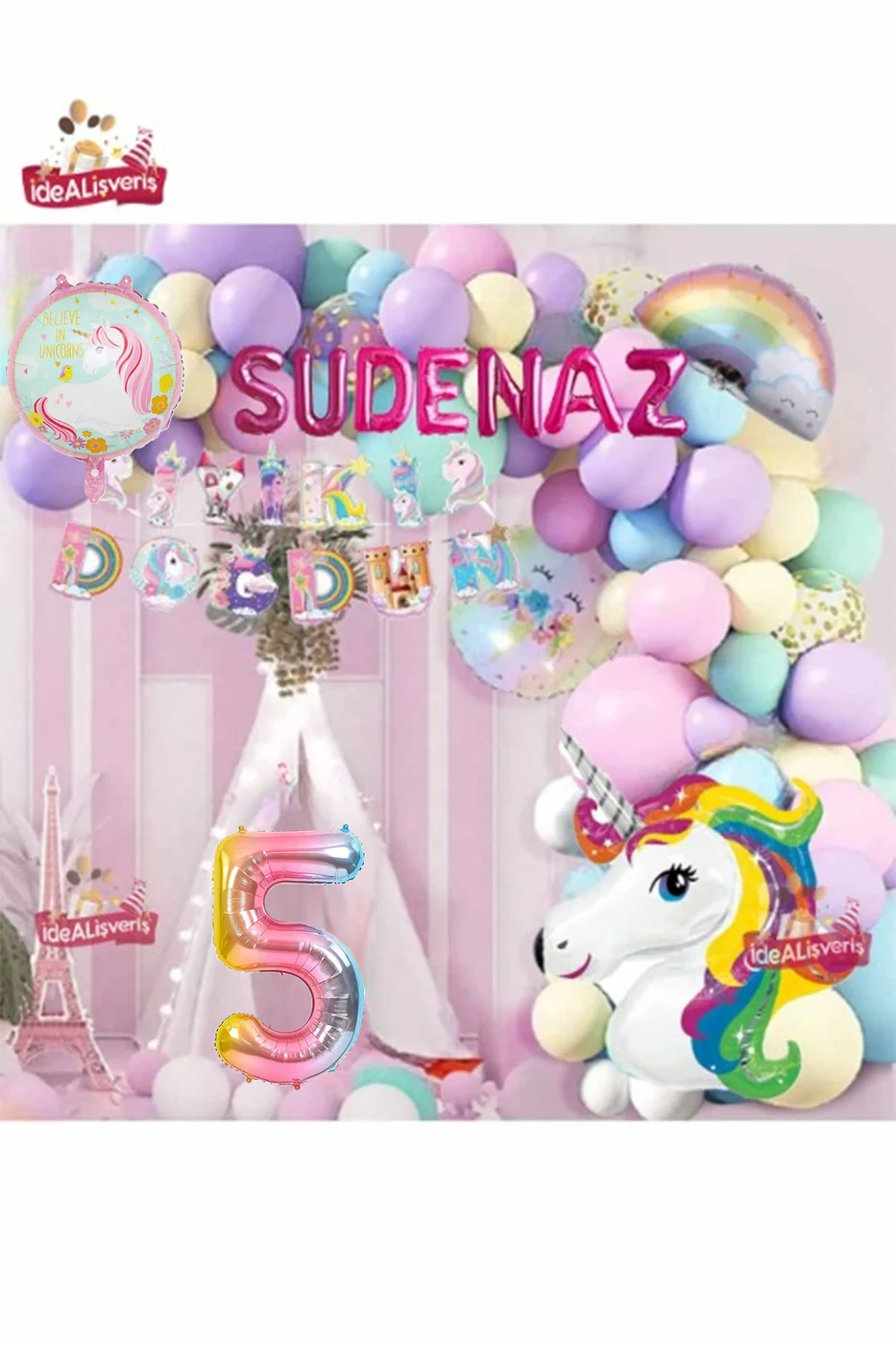 7 Harfli Yaş Unicorn Temalı Iyi Ki Doğdun Makaron Balon Doğum Günü Parti Kutlama Seti Süsü