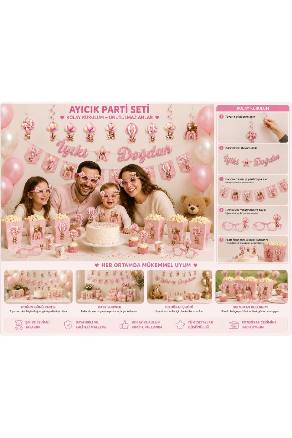 Ayıcık Parti Seti Teddy Bear İyi Ki Doğdun Doğum Günü Süsleri 22 Parça Konsept Dekorasyon Seti gorsel 4
