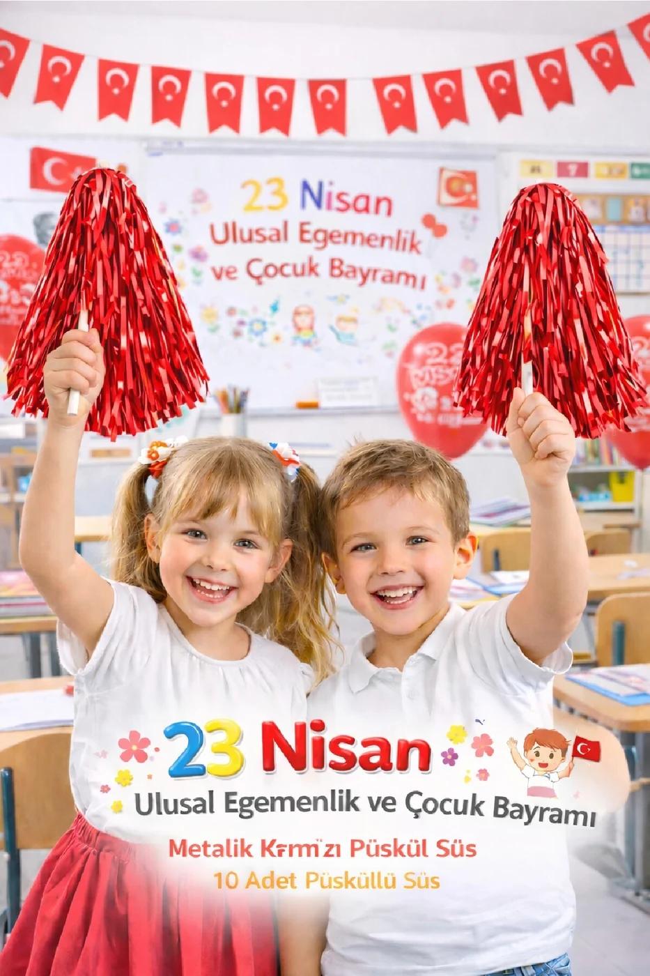 10 Çift 23 Nisan Metalik Püskül Süs – Çocuk Bayramı Parti Dekoru 20 Adet