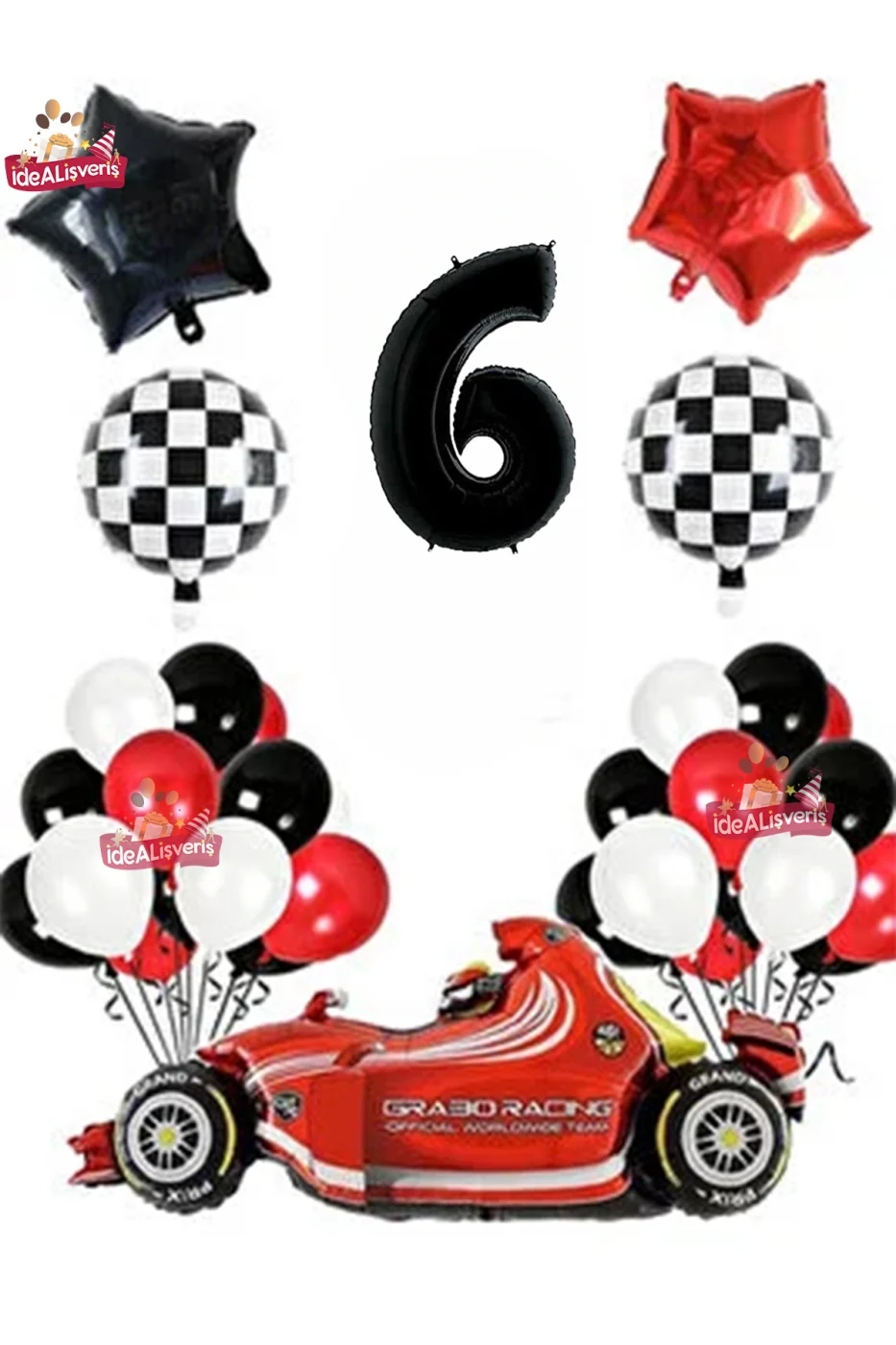 Formula Yarış Arabası 6 Yaş Siyah Kırmızı Beyaz Konsept Doğum Günü Parti Seti