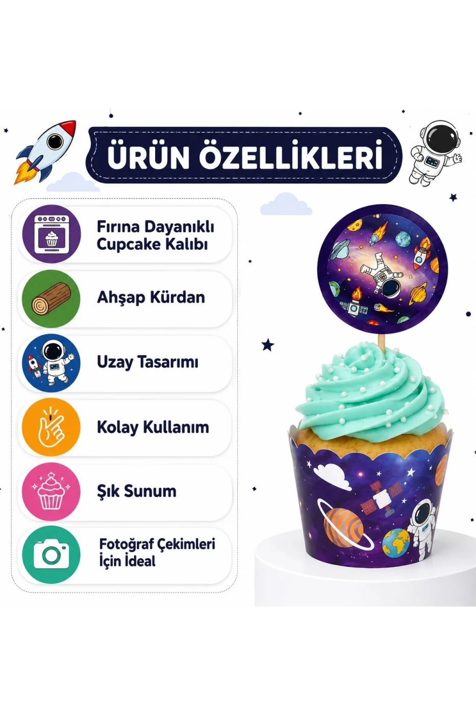 Uzay Temalı Cupcake Kalıbı ve Kürdan Seti 16 Parça | 8 Cupcake Kalıbı + 8 Uzay Cupcake Süsü | Astronot Roket Doğum Günü Parti Süsleri gorsel 3