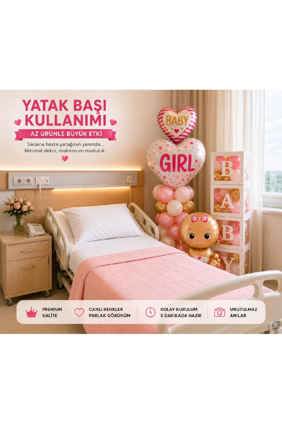 Hoş Geldin Bebek Hastane Odası Süsleme Seti | Erkek & Kız Bebek Dekorasyon Seti | BABY Kutu Seti, Baby Boy/Girl Balon, Bebek Folyo, Balon Zinciri | Premium Fotoğraf Çekim Konsepti gorsel 2
