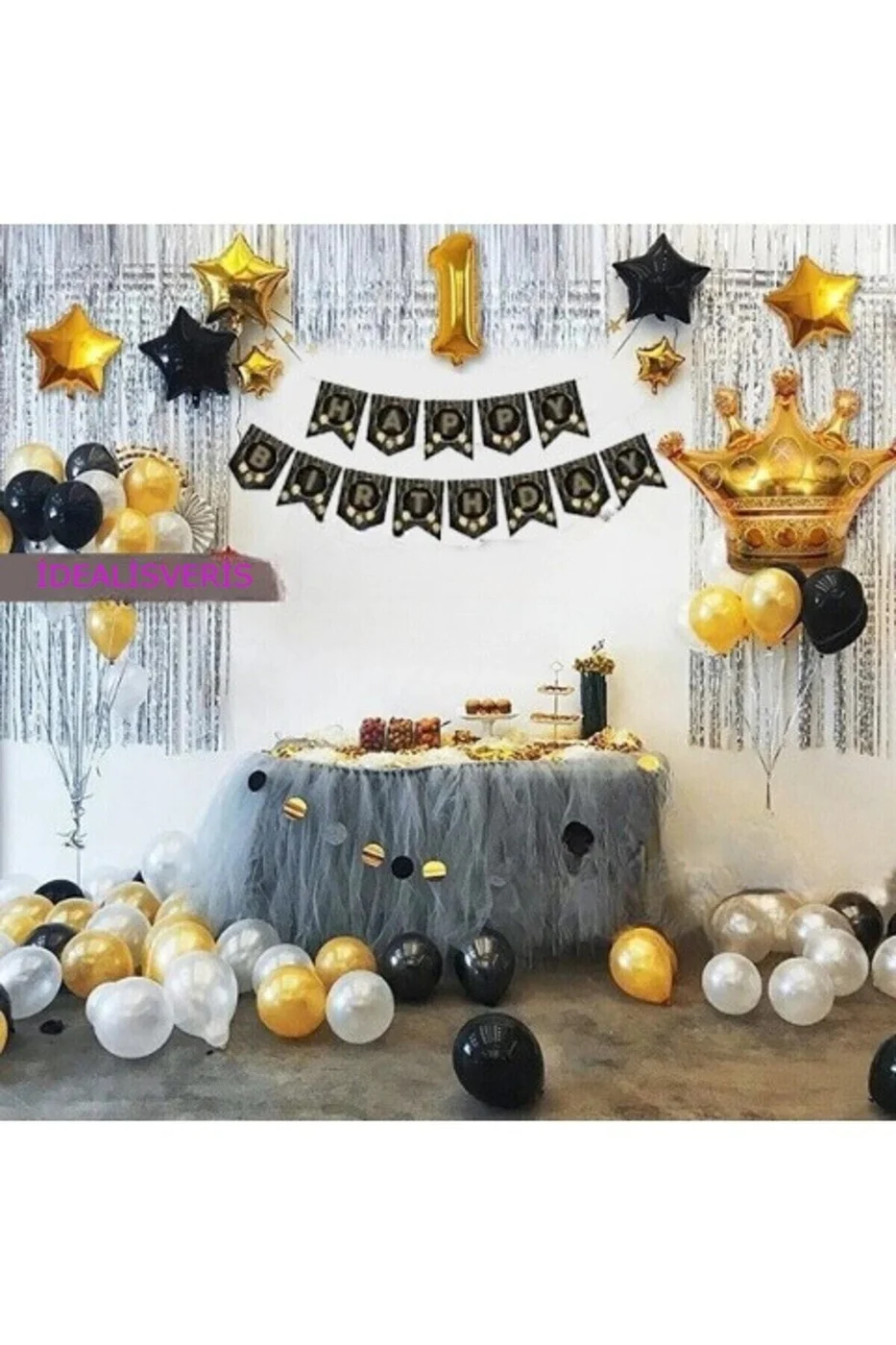 Kral Taçlı Lüks 1 Yaş Rakam Gold Folyo Balon Iyi Ki Doğdun Doğum Günü Seti