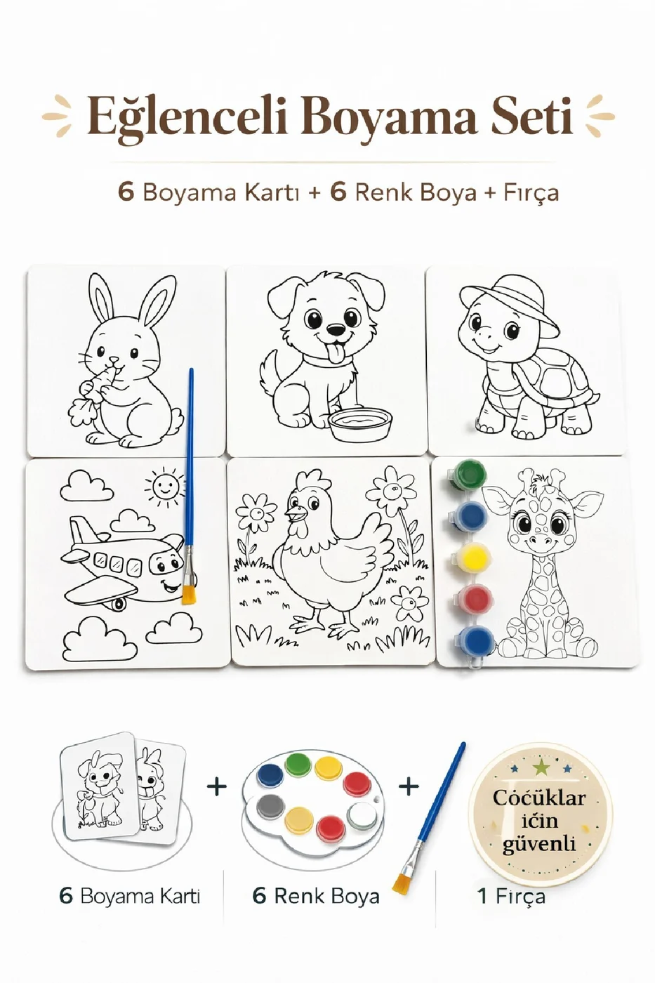 Eğlenceli Boyama Seti – 6 Boyama Kartı + 6 Renk Boya + 1 Fırça | Çocuk Aktivite Seti gorsel 4