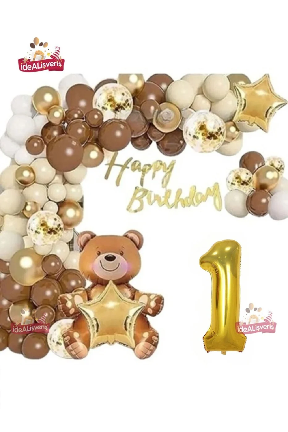 LÜKS KAHVERENGİ OTURAN AYI 1 YAŞ BALON SETİ DOĞUM GÜNÜ SÜSÜ PARTİ SETİ gorsel 2