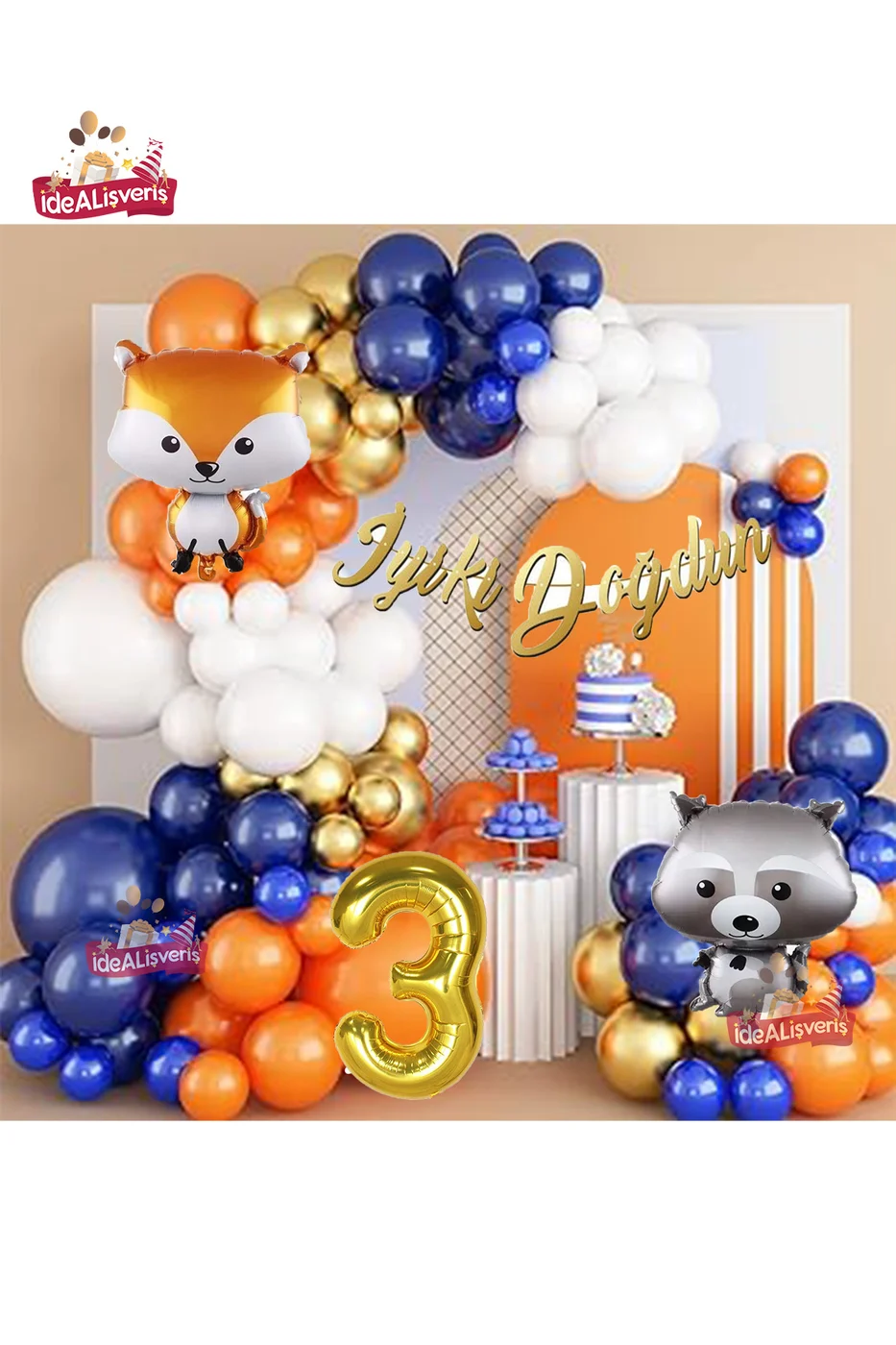 Turuncu Lacivert Gold 3 Yaş Rakun Ve Tilki Folyolu Doğum Günü Balon Zincir Seti