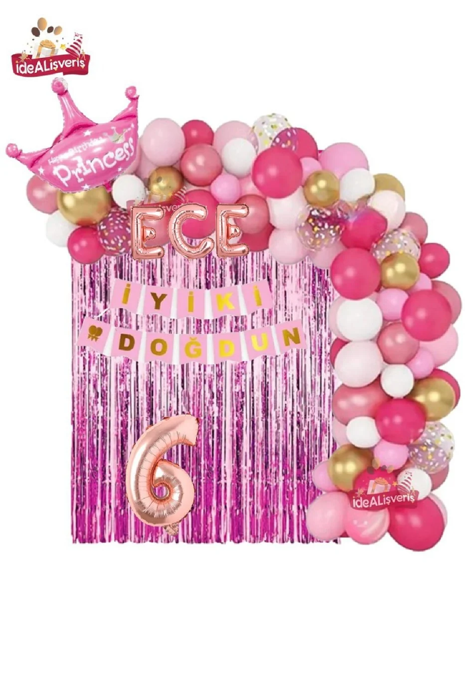 3 Harfli Rose İsimli Pembe Beyaz Konseptli Kraliçe Taçlı Doğum Günü Balon Zincir Parti Seti Süsü gorsel 6