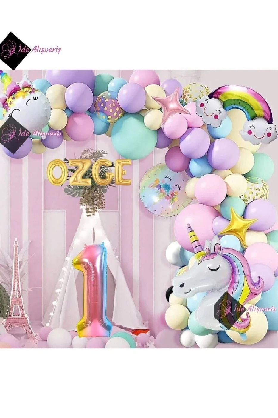 4 Harfli 1 Yaş Gökkuşağı Konsepti Unicorn Temalı Makaron Balon Doğum Günü Parti Kutlama Seti