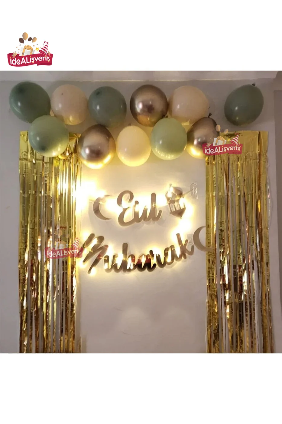 Eid Mubarek Yazılı Ledli Gold Arka Fonlu Ramazan Seti