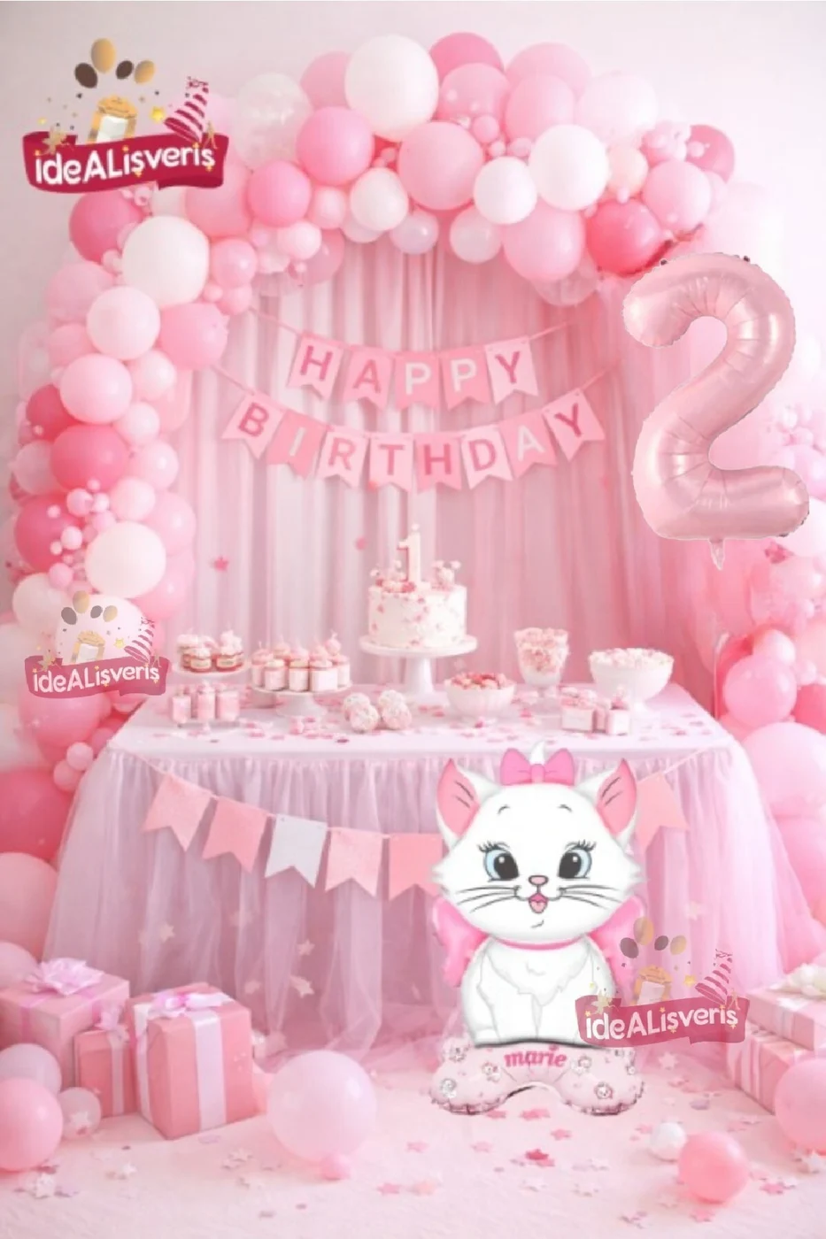 Ayaklı Sevimli Kedi Yaş Folyo Balonlu İyi Ki Doğdun Yazılı Pembe Gold Konsept Doğum Günü Parti Seti gorsel 2