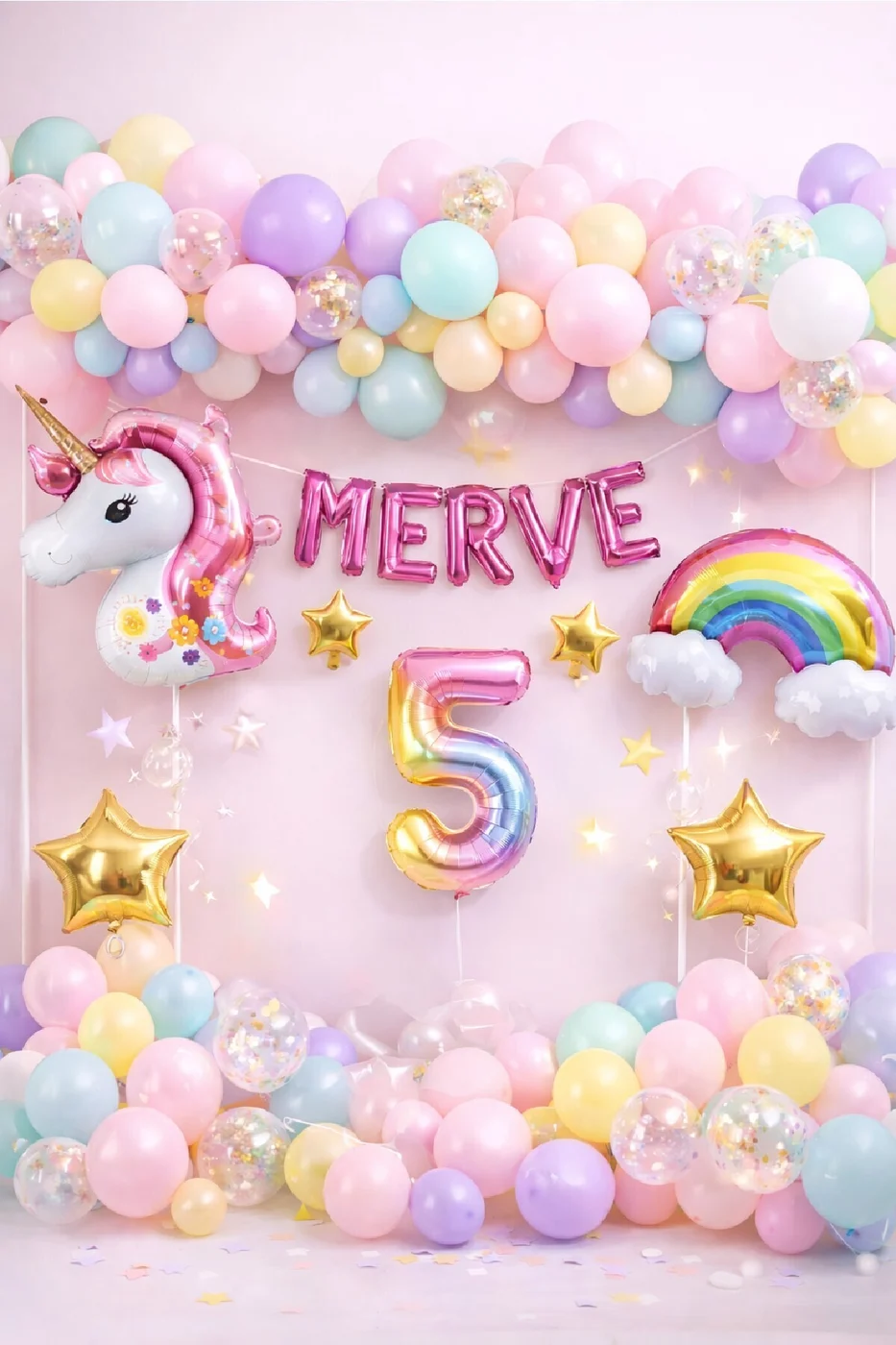 5 Harfli Kişiye Özel Unicorn Doğum Günü Süsü Pastel Balon Zinciri Gökkuşağı Unicorn Balon Parti Seti