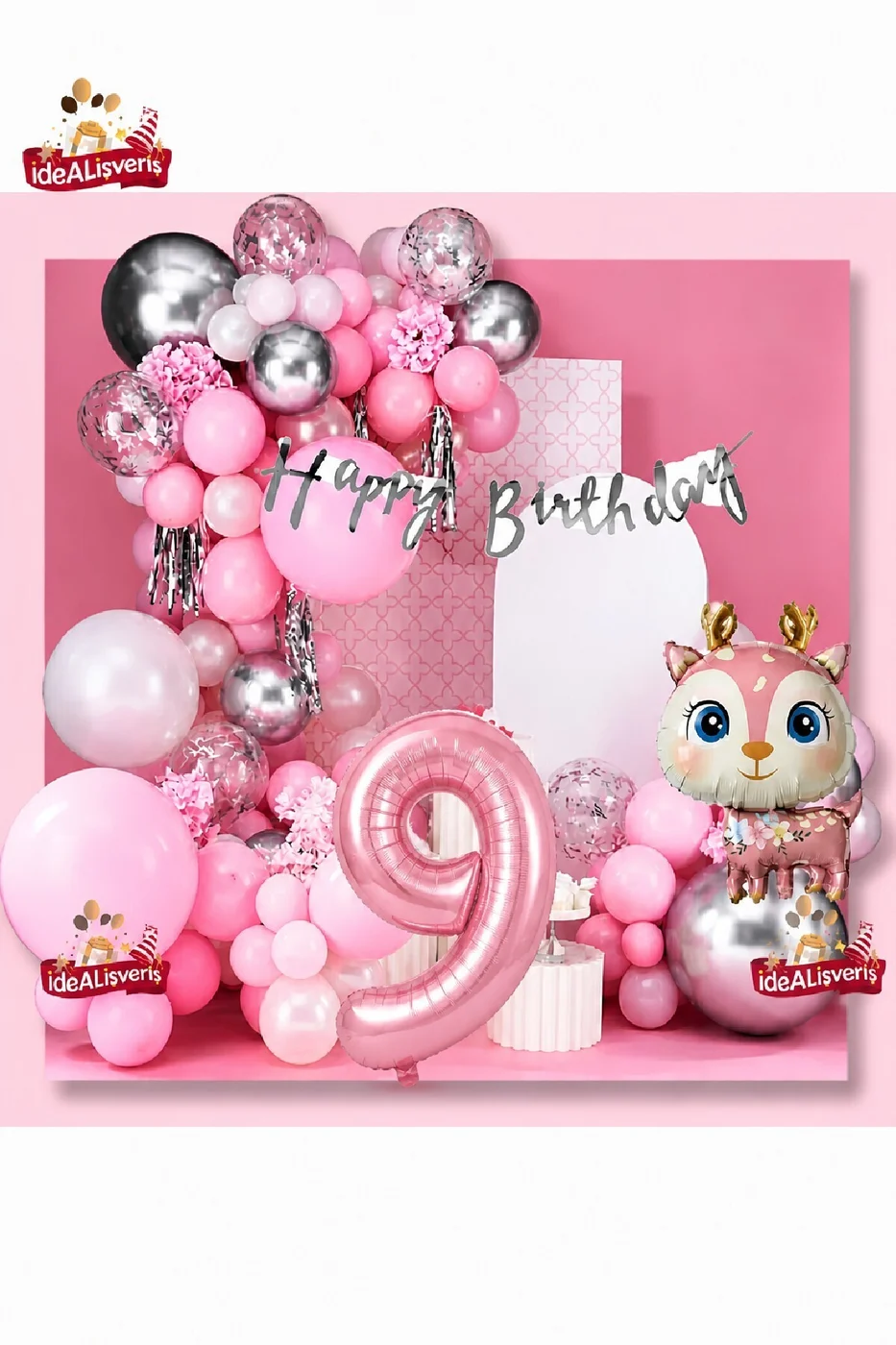 Kız Çocukları İçin Pembe Geyik Doğum Günü Süsü Seti 1-9 Yaş Pembe Balon Zinciri Happy Birthday Banner Parti Konsepti Seti gorsel 4