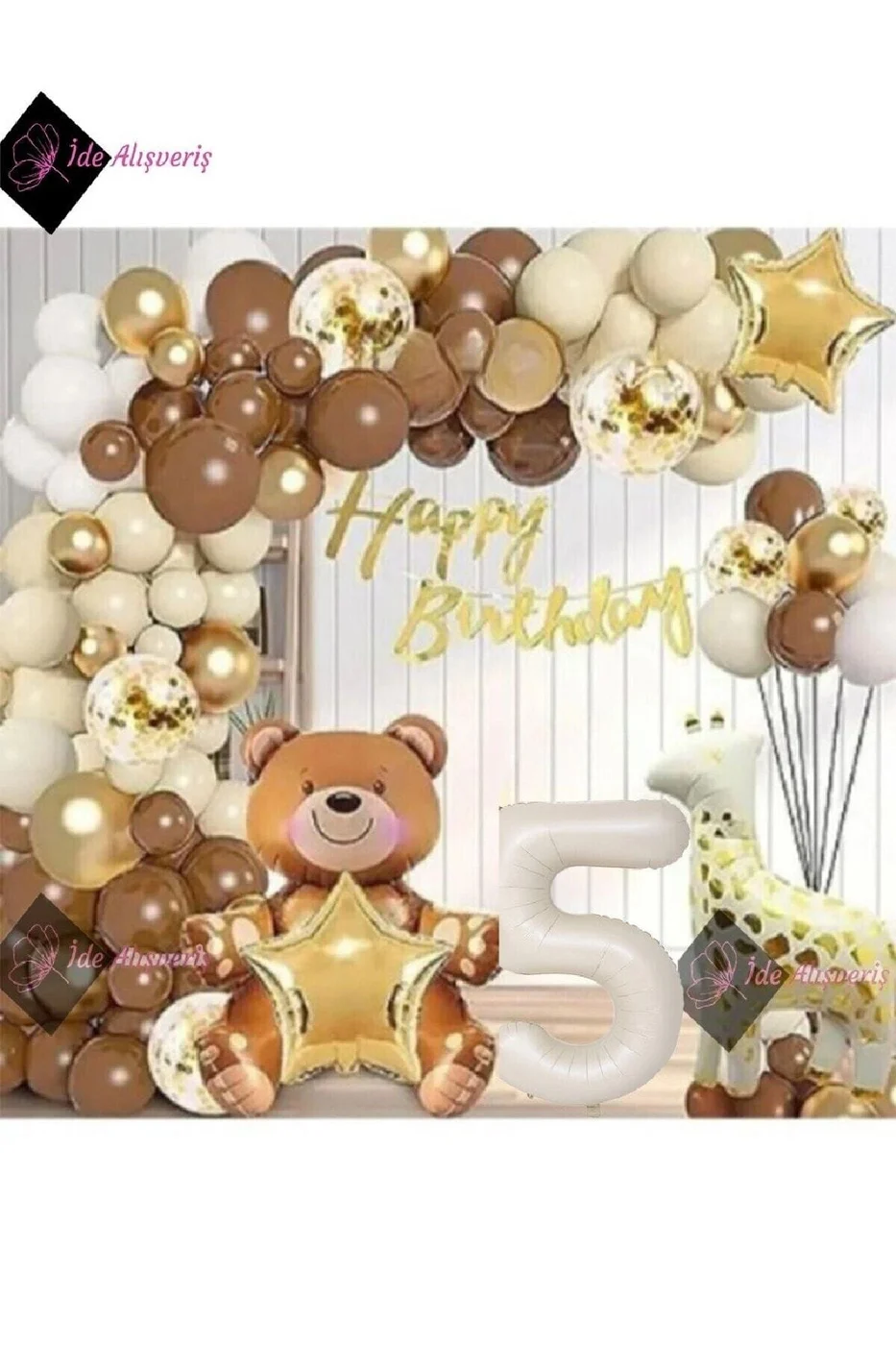 AYICIK ZÜRAFA TEMALI FOLYO BALONLU , KREM 5 YAŞ DOĞUM GÜNÜ PARTİ SETİ BALON SETİ gorsel 4
