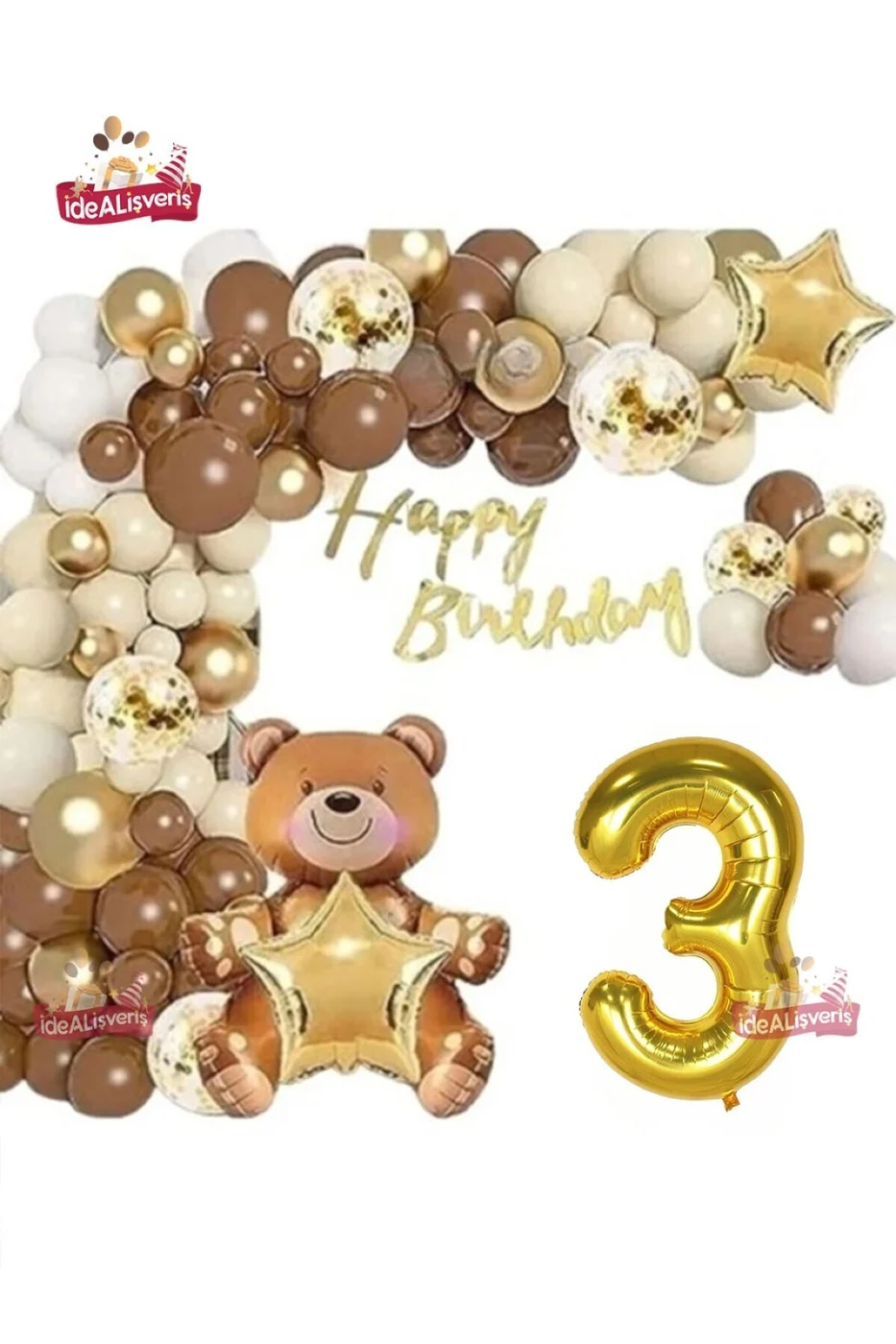 LÜKS KAHVERENGİ OTURAN AYI 3 YAŞ BALON SETİ DOĞUM GÜNÜ SÜSÜ PARTİ SETİ