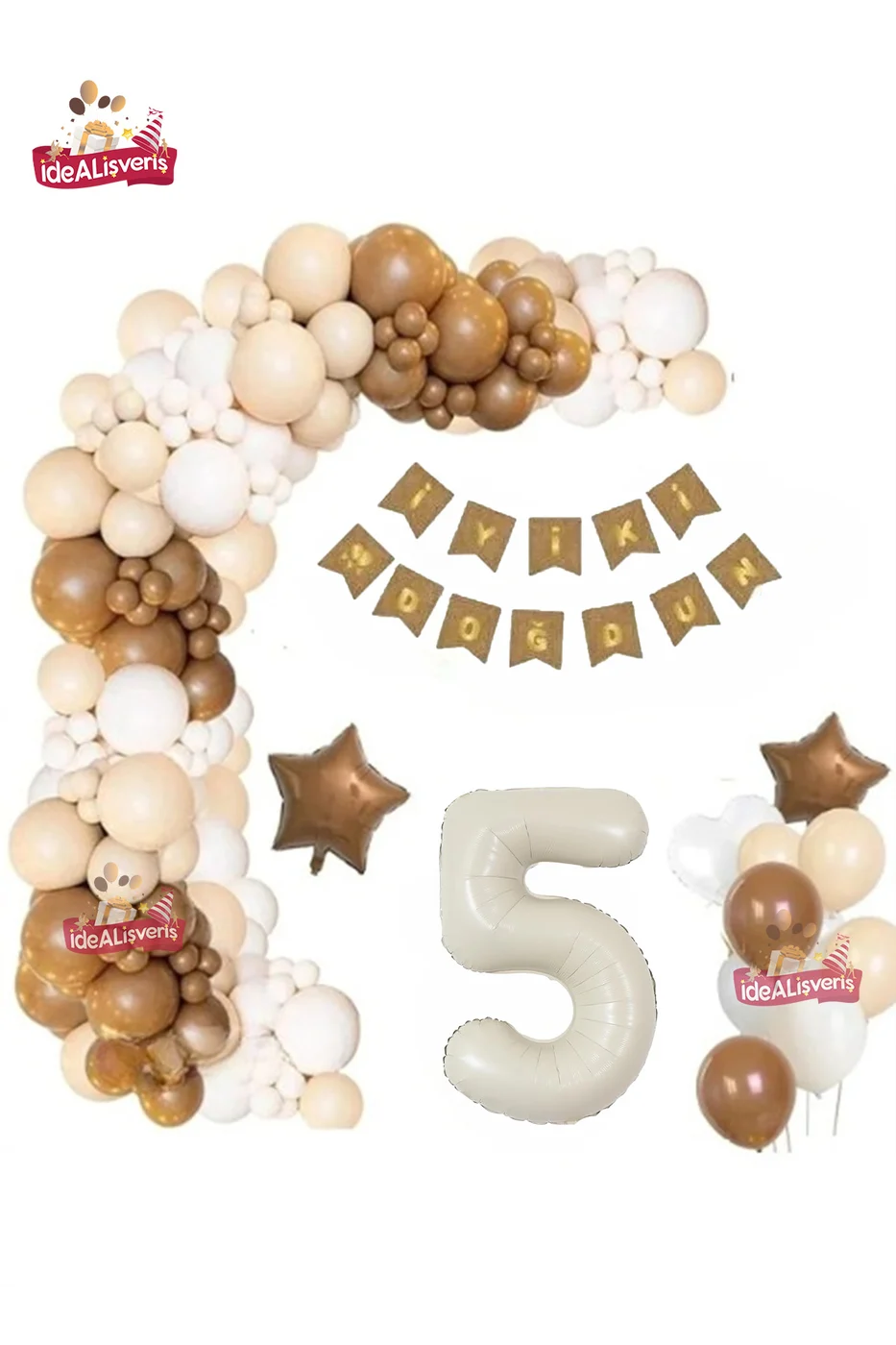 5 Yaş Krem Kraft Bannerli Kahve Beyaz Konsept Doğum Günü Seti