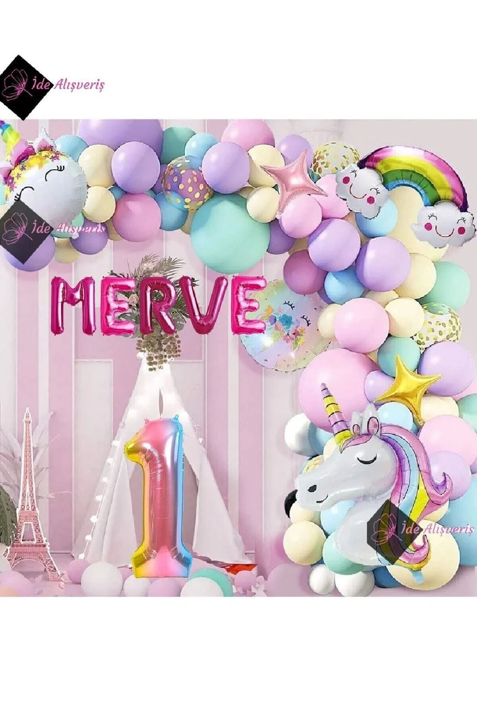 5 Harfli 1 Yaş Gökkuşağı Konsepti Unicorn Temalı Makaron Balon Doğum Günü Parti Kutlama Seti