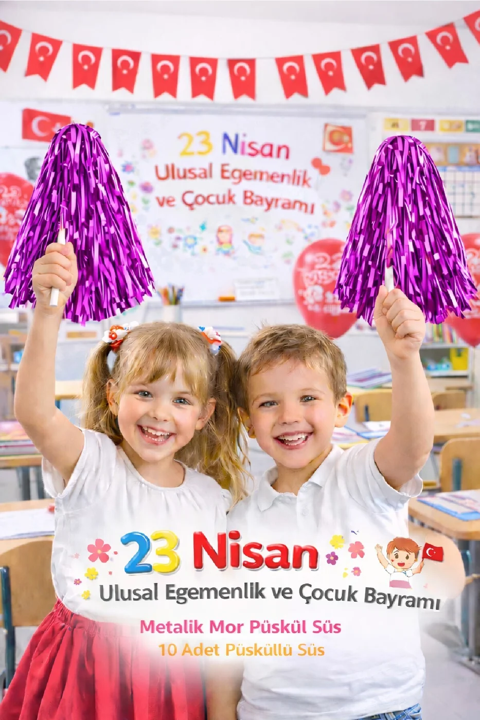 5 Çift 23 Nisan Metalik Püskül Süs – Çocuk Bayramı Parti Dekoru 10 Adet gorsel 2