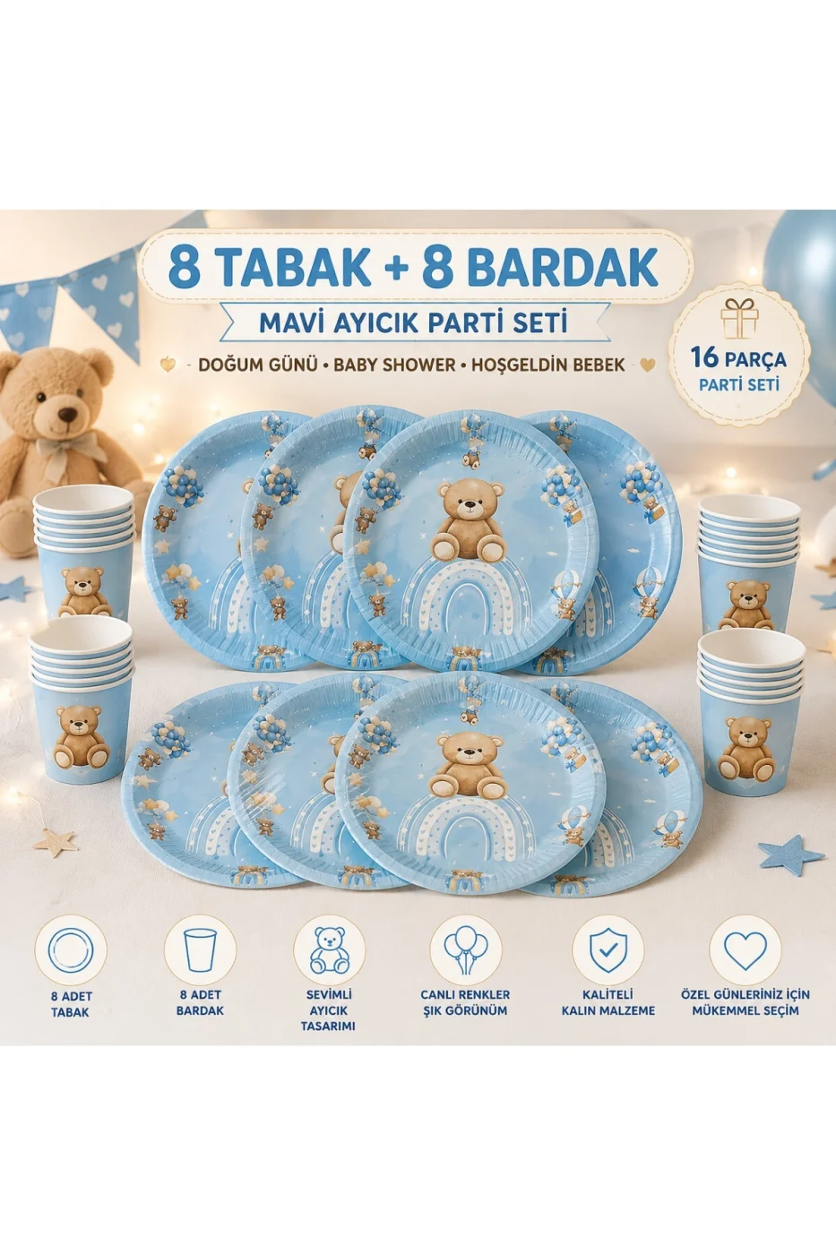 Mavi Ayıcık Doğum Günü Parti Seti 16 Parça | 8 Tabak 8 Bardak | Baby Shower Hoş Geldin Bebek Konsepti