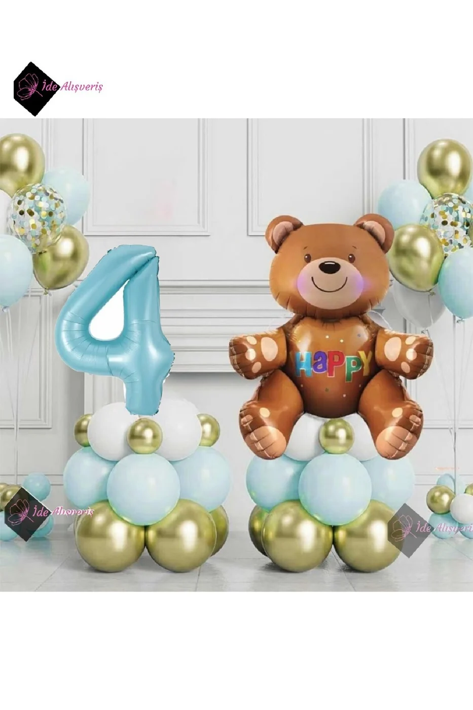 Ayıcıklı Mavi 4 Yaş Krom Balonlu Balon Seti Mavi Doğum Günü Süsü Parti Seti gorsel 2