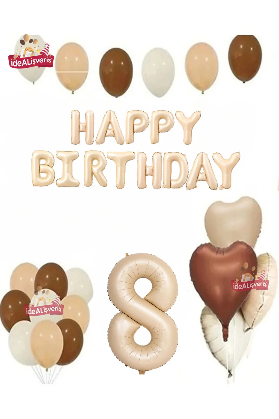 Happy Birthday 8 Yaş Bej Folyo Balon Kahverengi Beyaz Bej Doğum Günü Parti Seti