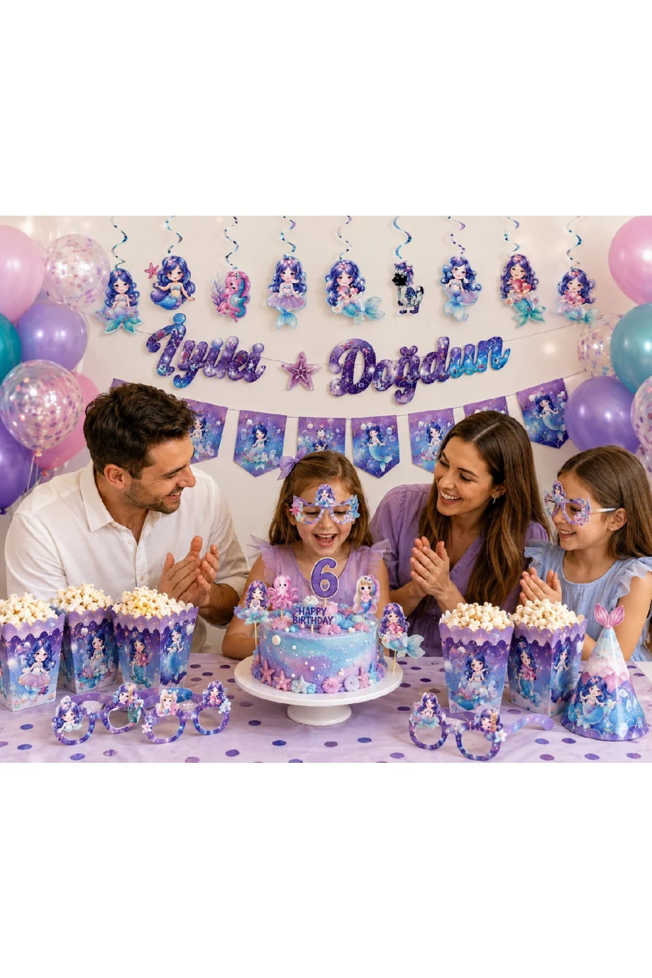 Deniz Kızı Parti Seti 30 Parça – İyi Ki Doğdun Doğum Günü Süsleri – Banner, Gözlük, Pasta Süsü ve Mısır Kutusu Konsept Süsleri Pasta Süsü gorsel 5