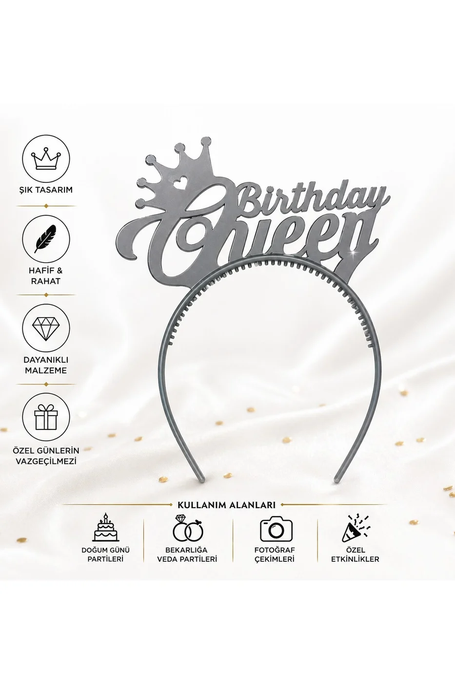 Birthday Queen Taç Renkli – Doğum Günü Tacı, Parti Tacı, Bekarlığa Veda Aksesuarı ( Mat Gümüş ) gorsel 6
