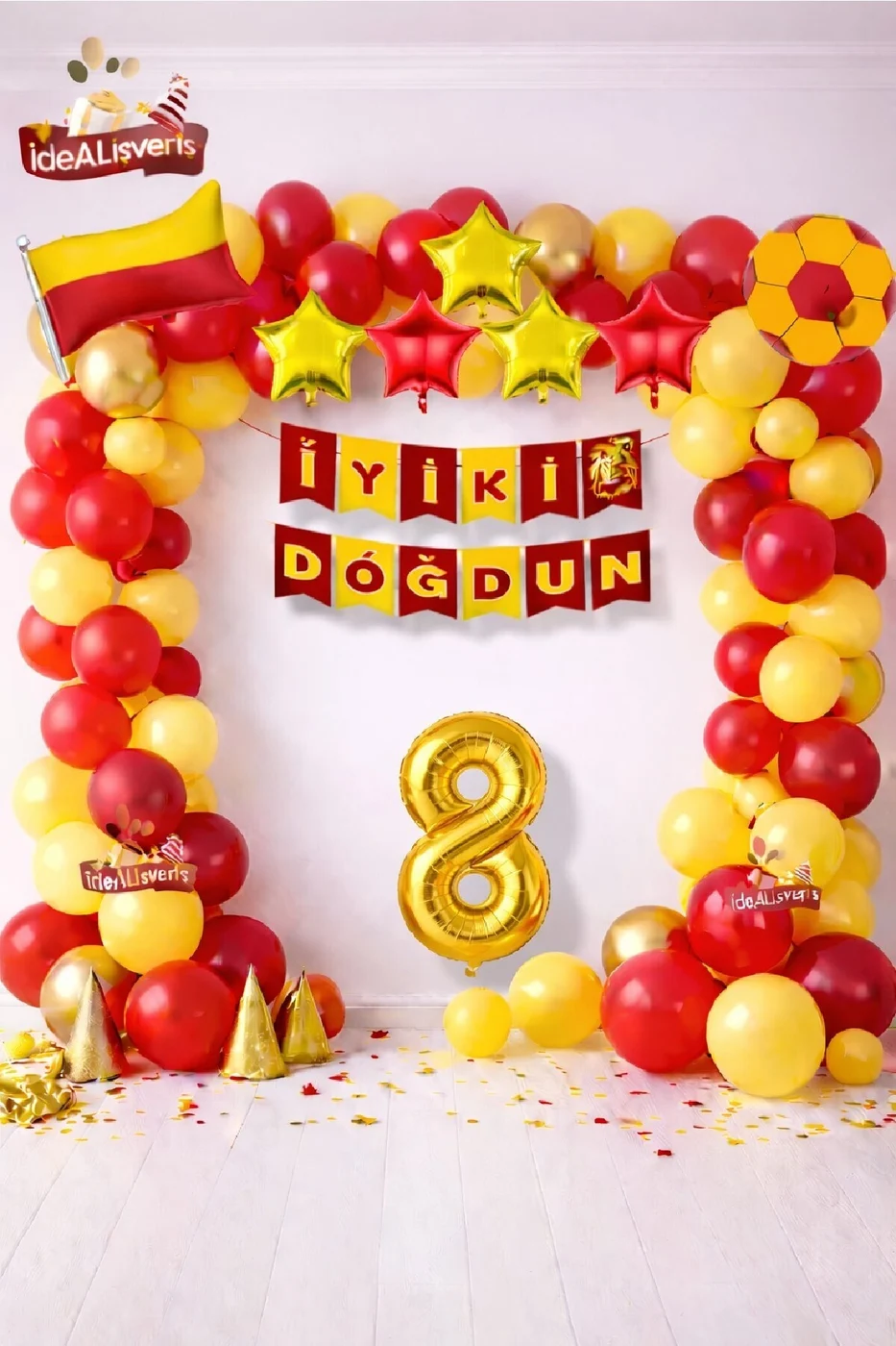 Sarı Kırmızı Bayrak Yıldız Yaş Balonlu İyiki Doğdun Doğum Günü Balon Süsleme Seti Parti Dekorasyonu