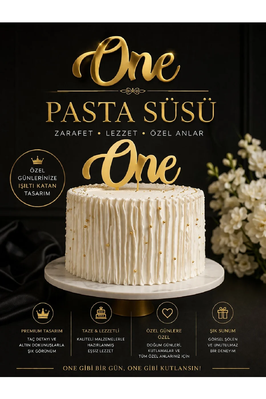 One Cake Topper (Gold Gümüş Pleksi) One Pasta Süsü 1 Yaş Doğum Günü Pleksi Gold Gümüş Pasta Üstü Yazı Dekor gorsel 6
