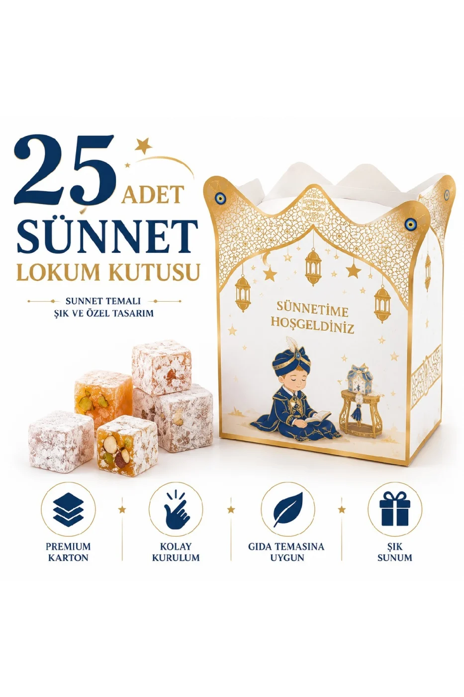 25 Adet Sünnet Lokum Kutusu | Sünnet Hediyeliği Şeker Kutusu | Premium Karton Organizasyon Kutusu