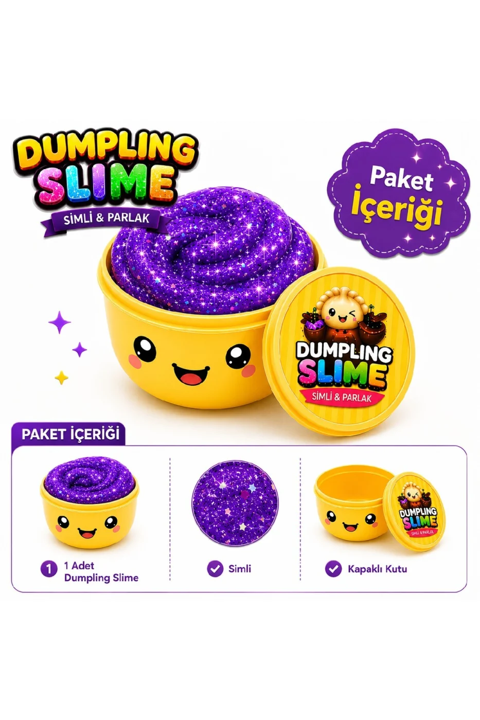 Dumpling Slime Simli Oyun Hamuru Tekli | Glitter Slime | Esnek Yumuşak Doku | Kapaklı Kutu | 6 Renk Seçeneği gorsel 2
