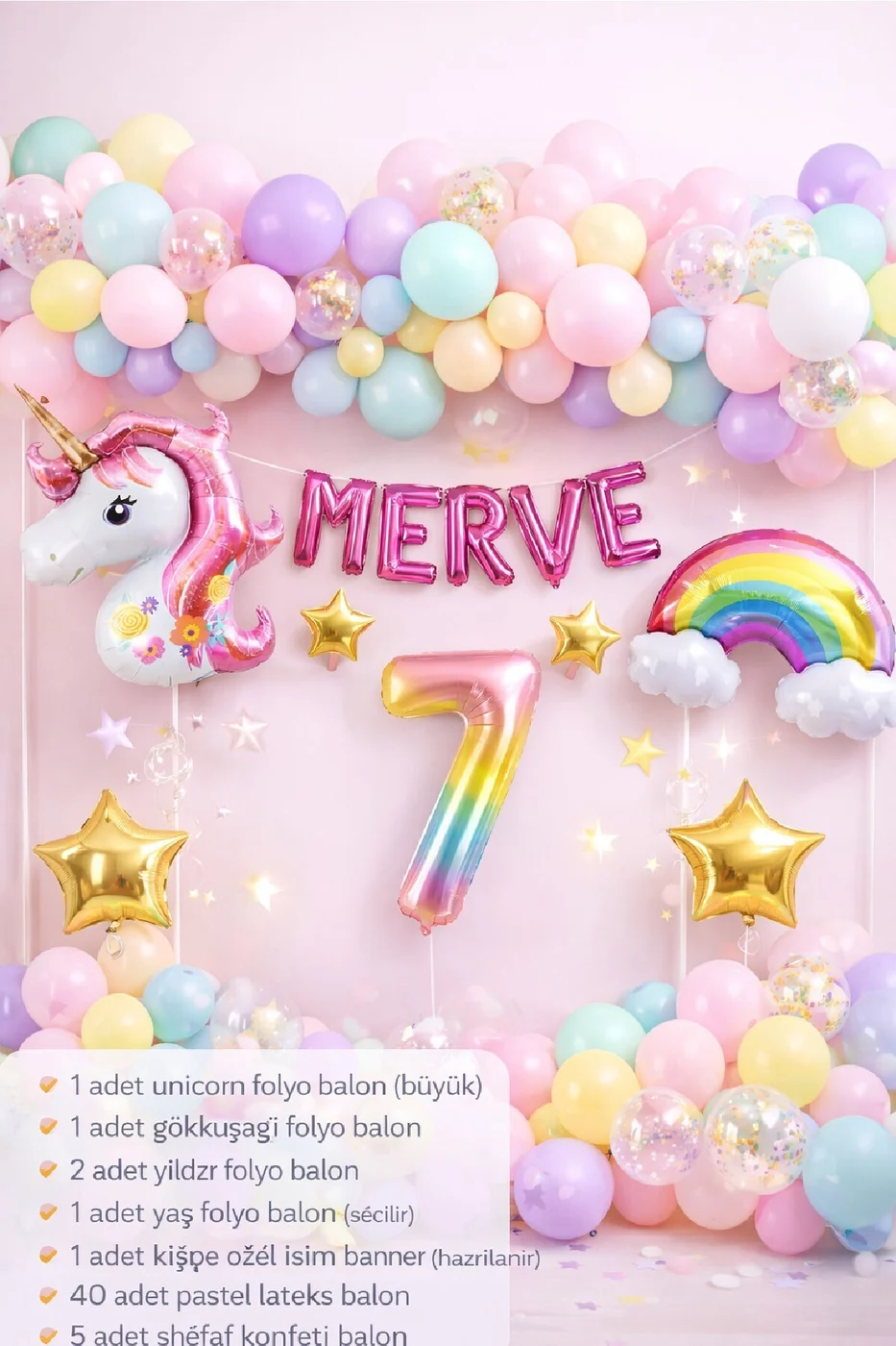 5 Harfli Kişiye Özel Unicorn Doğum Günü Süsü Pastel Balon Zinciri Gökkuşağı Unicorn Balon Parti Seti gorsel 2
