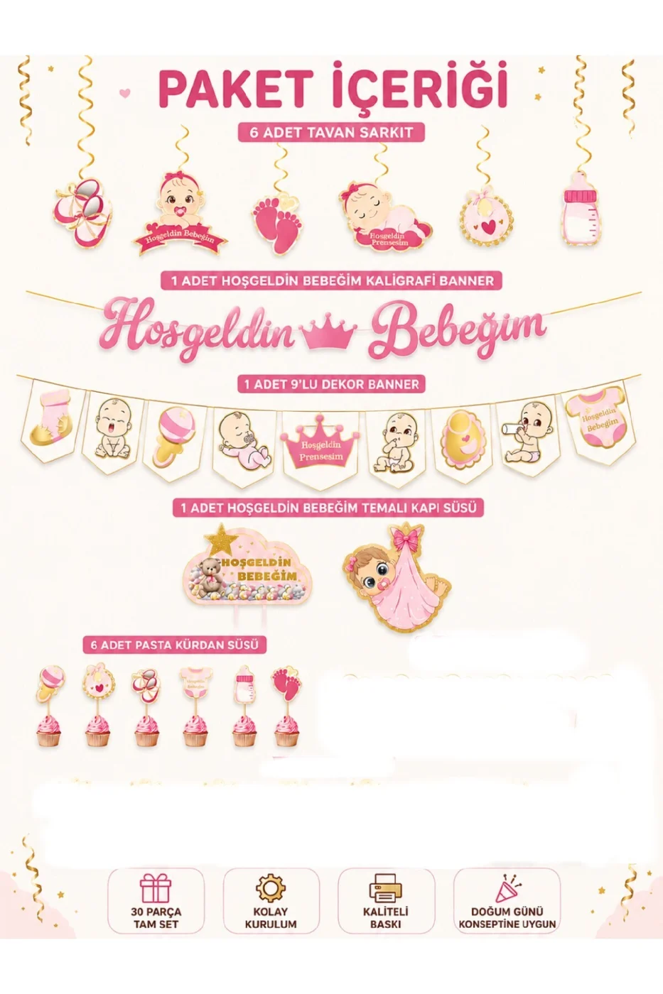 Hoşgeldin Bebeğim Pembe Bebek Parti Süsleme Seti - Kapı Süsü, Banner, Tavan Sarkıt ve Cupcake Figürlü Doğum Günü Seti