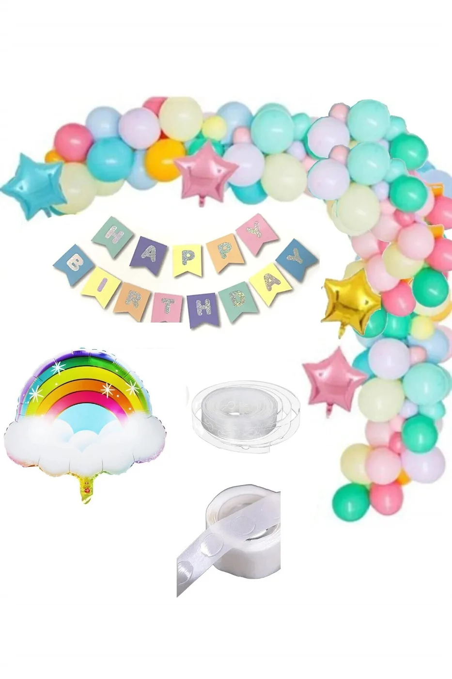 50 Makaron Balon+1 Bulut 3 Yıldız Folyo Balon Parti Gökkuşağı Doğum Günü Renkli Zincir Seti Sticker gorsel 2