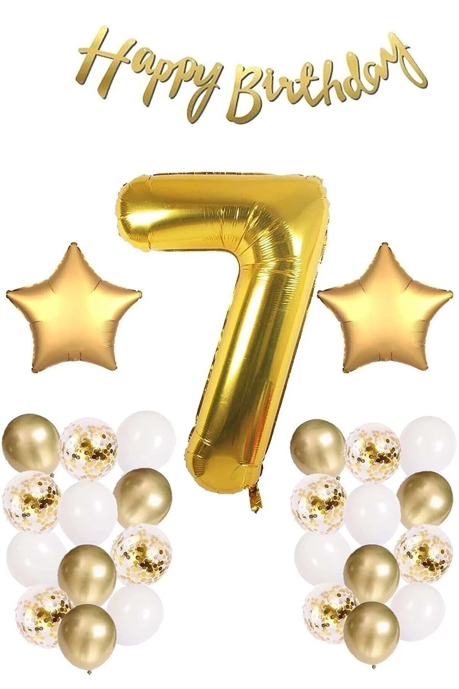 Gold Konsept Doğum Günü Kutlama Seti; Beyaz Gold Konfetili Balon, Rakam Yıldız Folyo Ve Banner