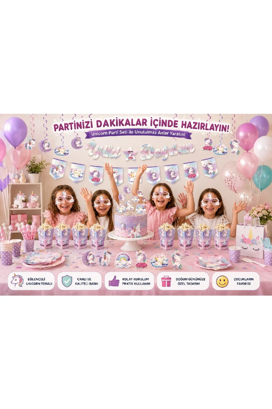 Unicorn Parti Seti 30 Parça | Unicorn Doğum Günü Süsleri ve Parti Malzemeleri | Kız Çocuk Doğum Günü Konsepti gorsel 5