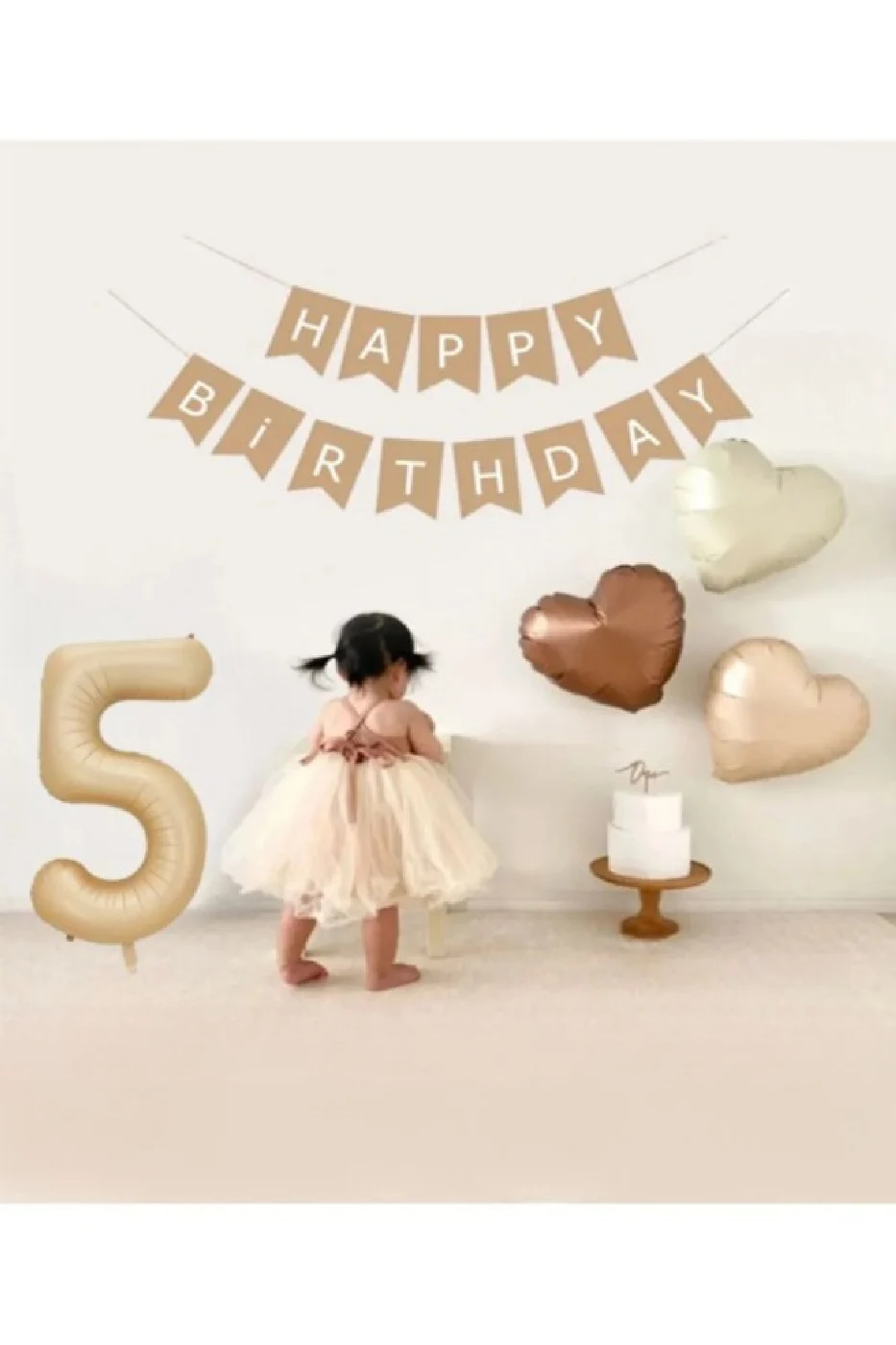 Bej Rakam Folyo Balon Retro Kalp Folyo Balon Seti Kraft Gold Altın Happy Birthday Yazı Banner gorsel 6