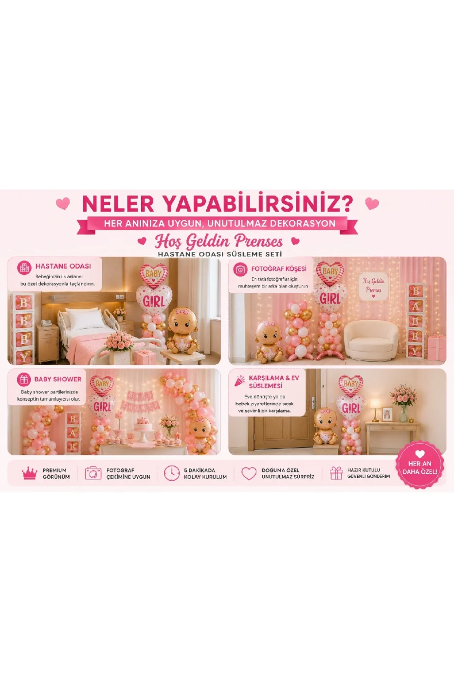 Hoş Geldin Bebek Hastane Odası Süsleme Seti | Erkek & Kız Bebek Dekorasyon Seti | BABY Kutu Seti, Baby Boy/Girl Balon, Bebek Folyo, Balon Zinciri | Premium Fotoğraf Çekim Konsepti gorsel 6