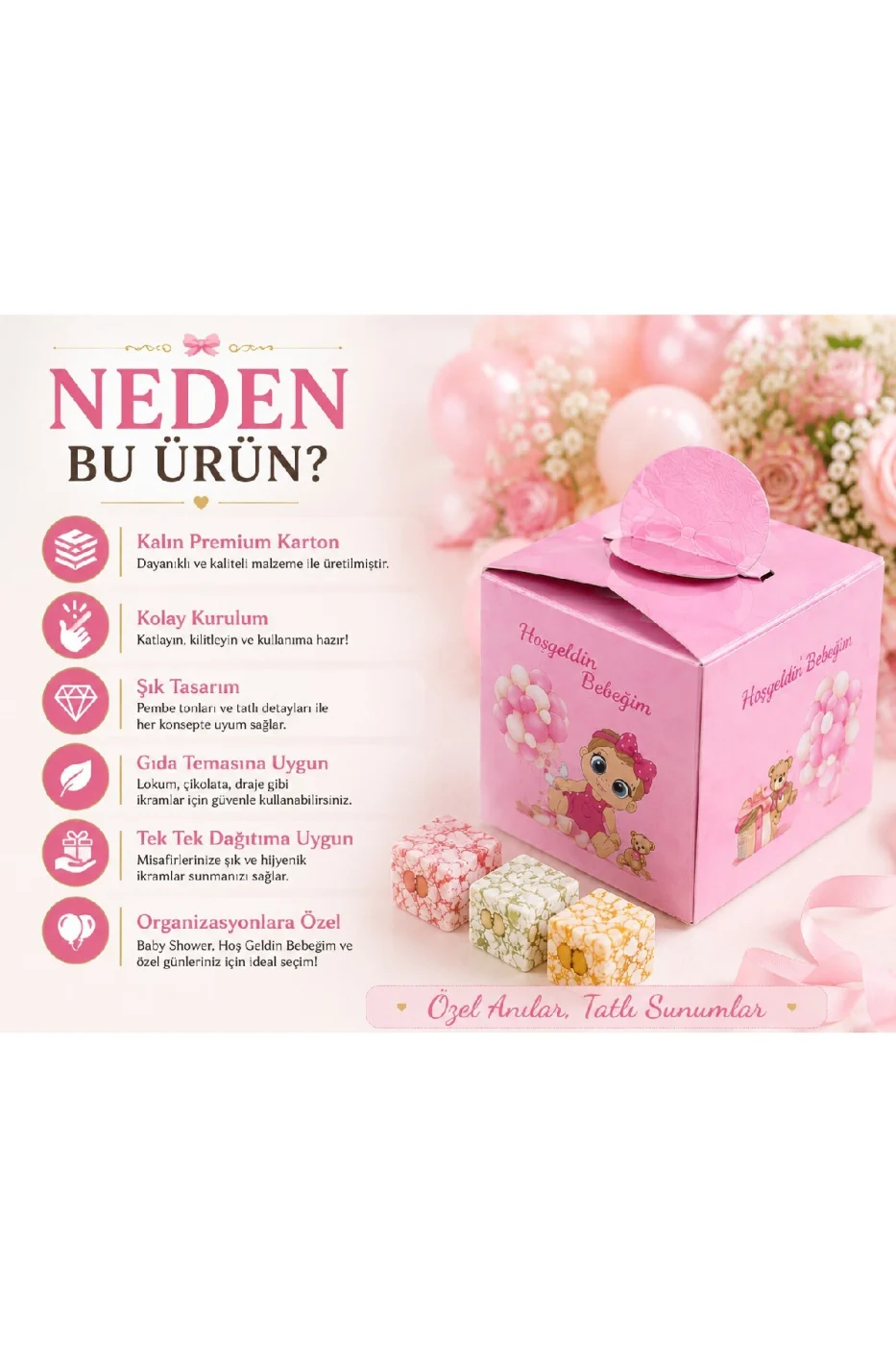 25 Adet Hoş Geldin Bebeğim Lokum Kutusu | Baby Shower Pembe Hediyelik Şeker Kutusu | Premium Karton gorsel 4