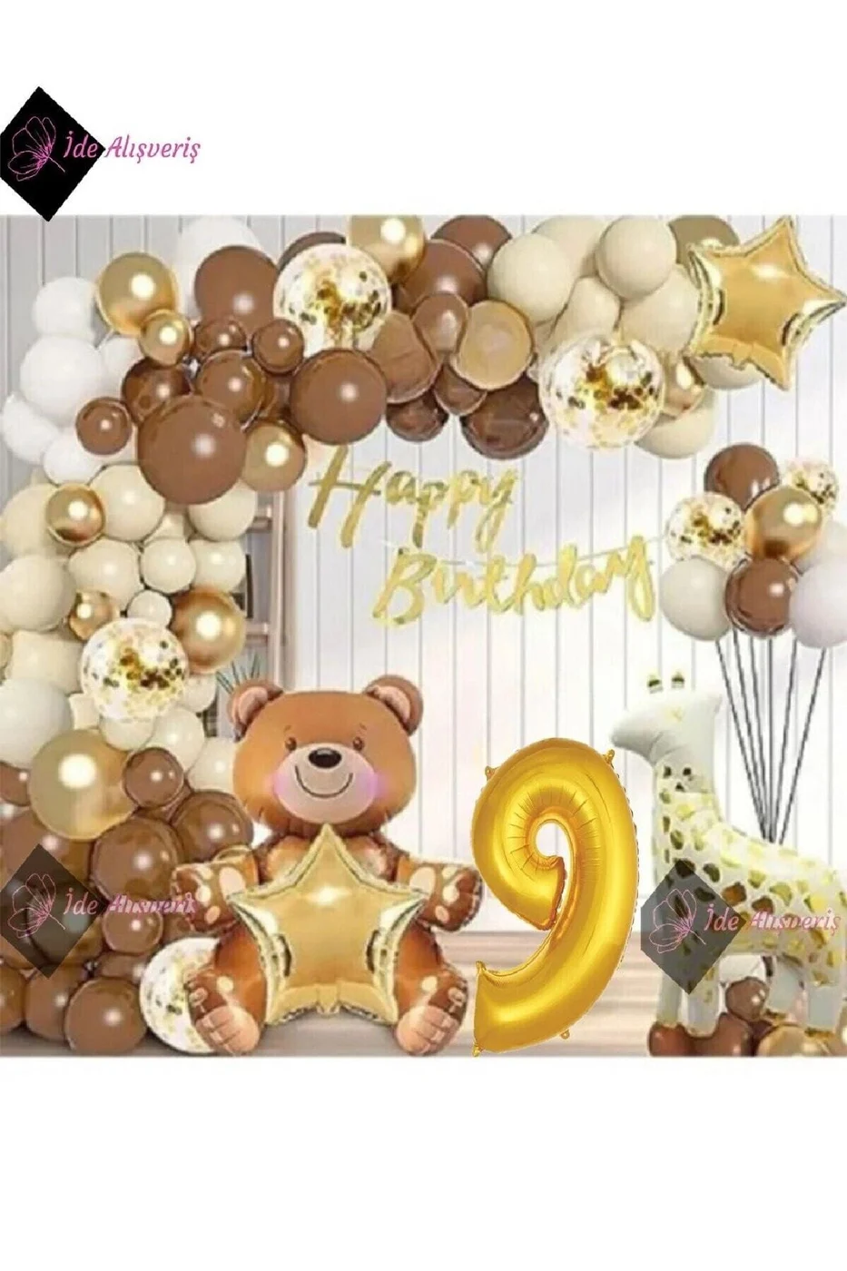 HAYVAN TEMALI FOLYO BALONLU KAHVERENGİ 9 YAŞ DOĞUM GÜNÜ PARTİ SETİ BALON SETİ
