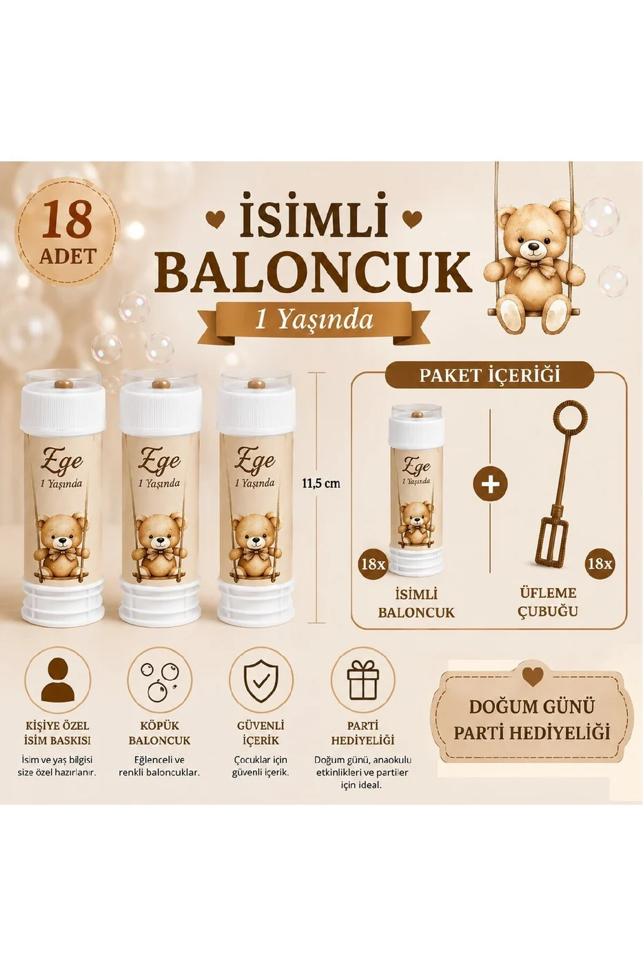 Kişiye Özel İsimli Baloncuk 18 Adet – Ayıcık Temalı Doğum Günü Parti Hediyeliği Köpük Baloncuk Seti gorsel 2