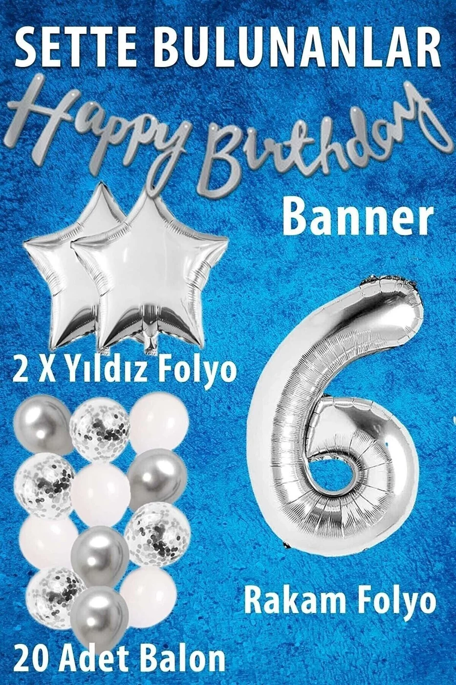 Gümüş Konsept Doğum Günü Kutlama Seti Beyaz Gümüş Konfetili Balon Rakam Yıldız Folyo Ve Banner gorsel 2