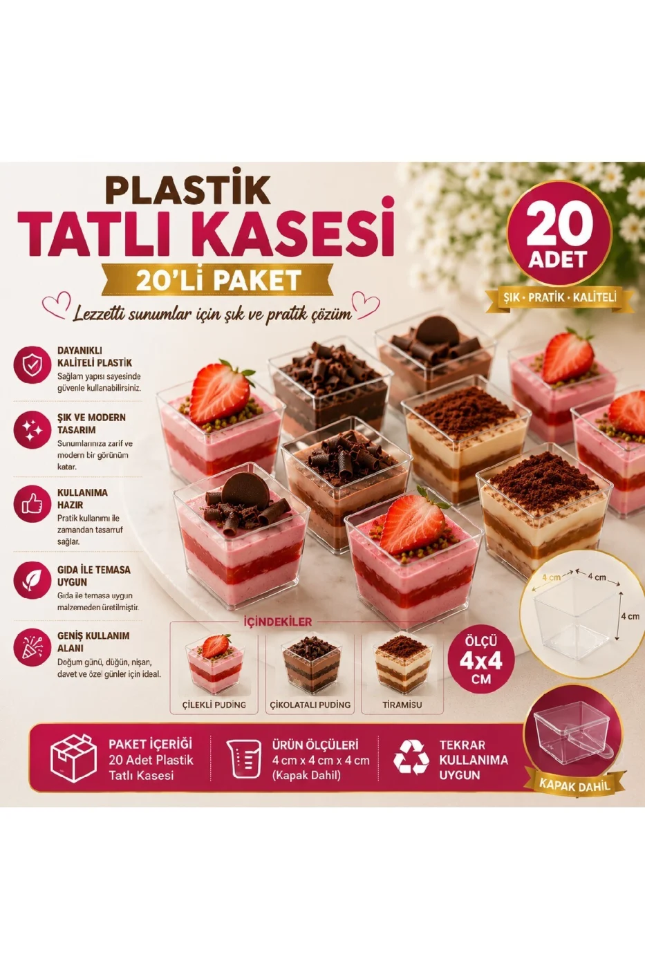 Plastik Tatlı Kasesi 20'li Paket 4x4 cm Kapaklı | Mini Magnolia, Puding, Tiramisu ve Cheesecake Sunum Kabı gorsel 2