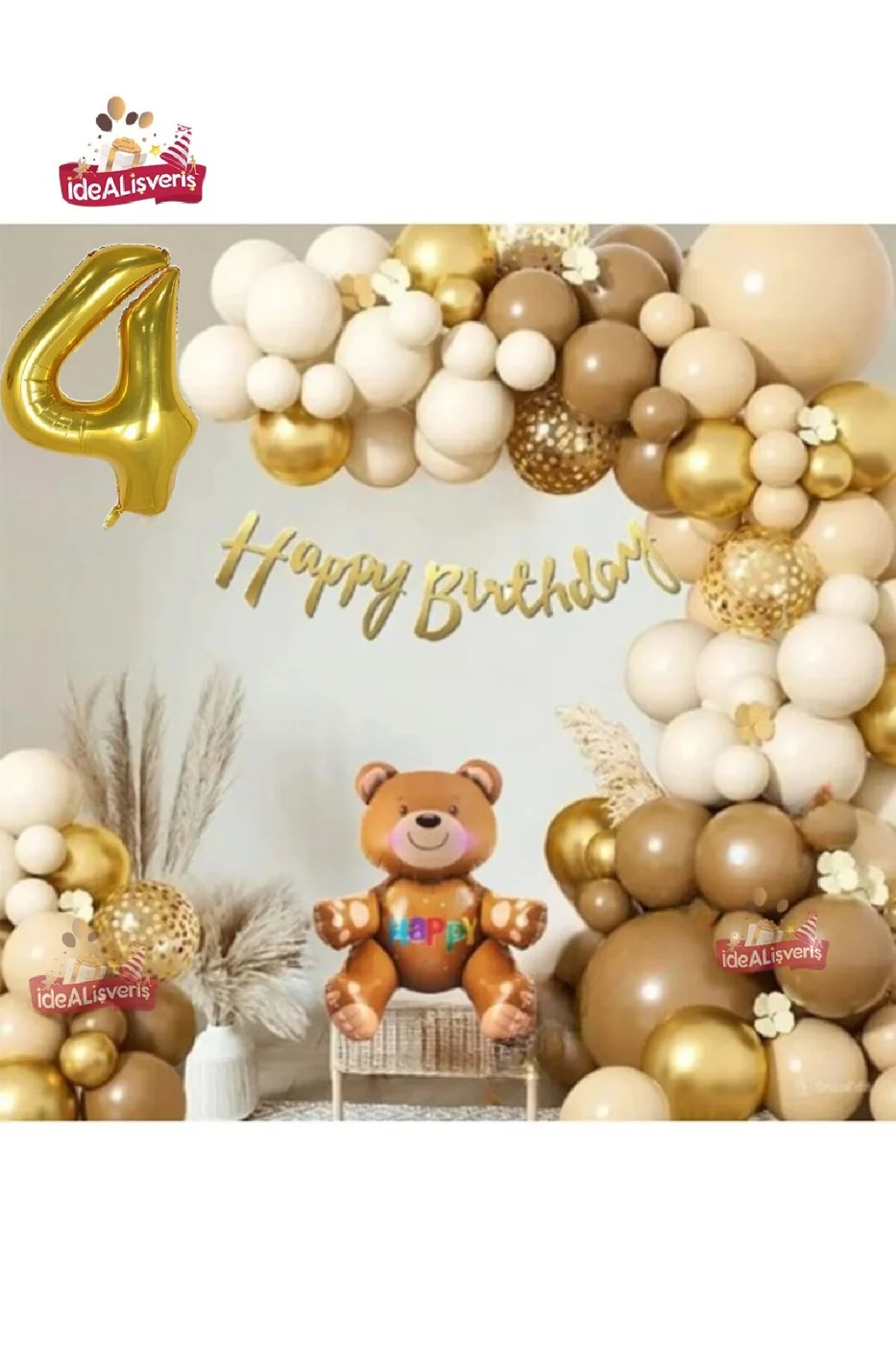 GOLD  RETRO RENK OTURAN AYI FOLYO BALONLU BALON ZİNCİR SET DOĞUM GÜNÜ PARTİ SETİ SÜSÜ